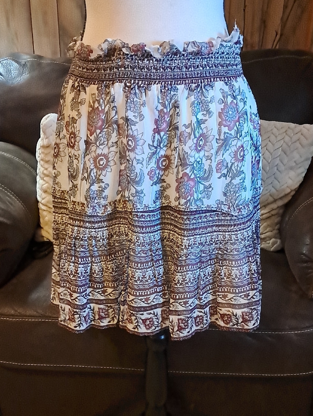 Anthropologie Boho Floral Tiered Ruffle Smocked Waist Lined Skirt